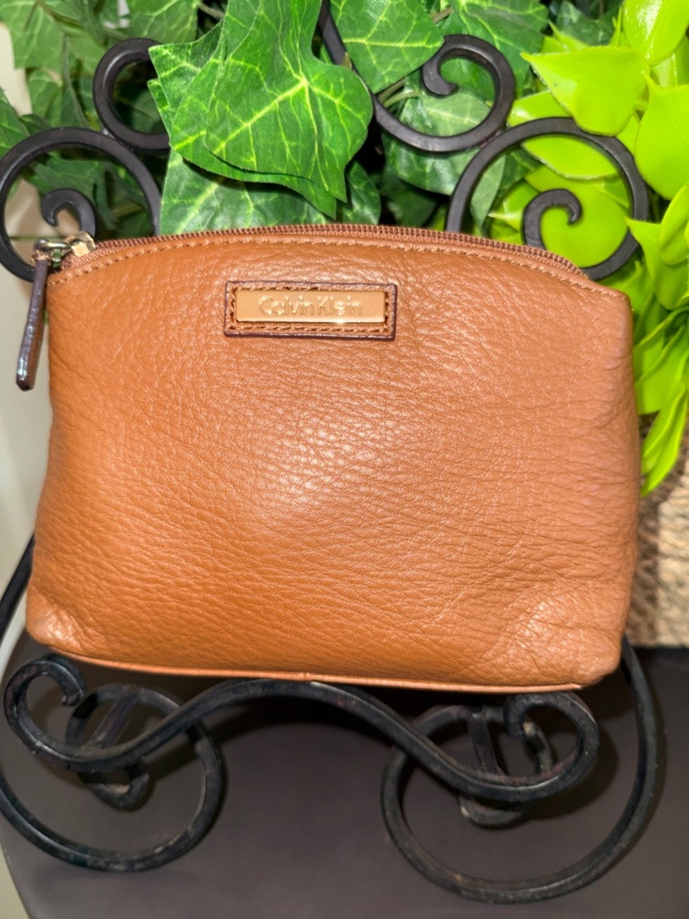 Calvin Klein Tan Pebbled Leather Zip Cosmetic Pouch